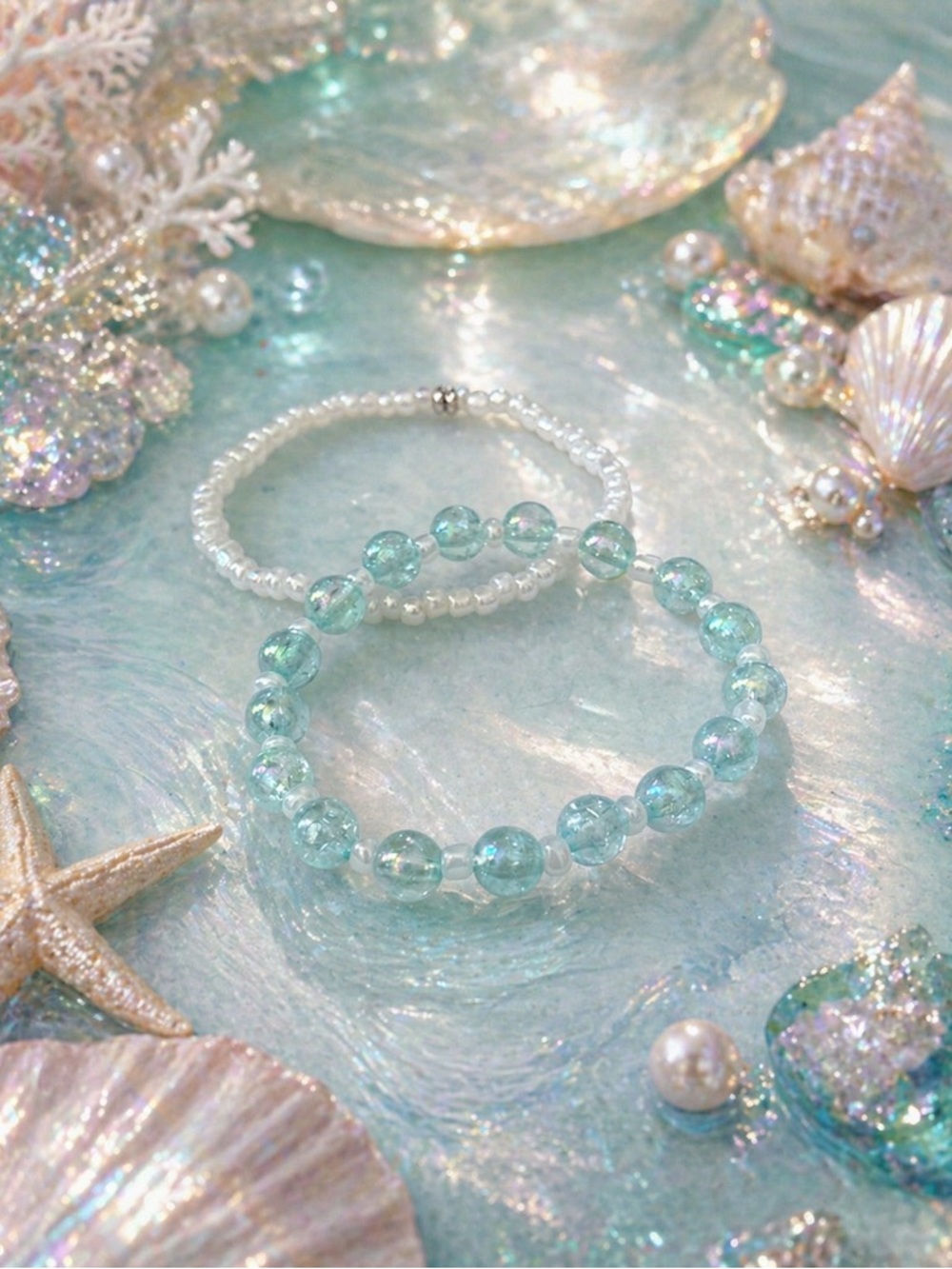 Little Mermaid Inspired Beaded Bracelet Set 8”
